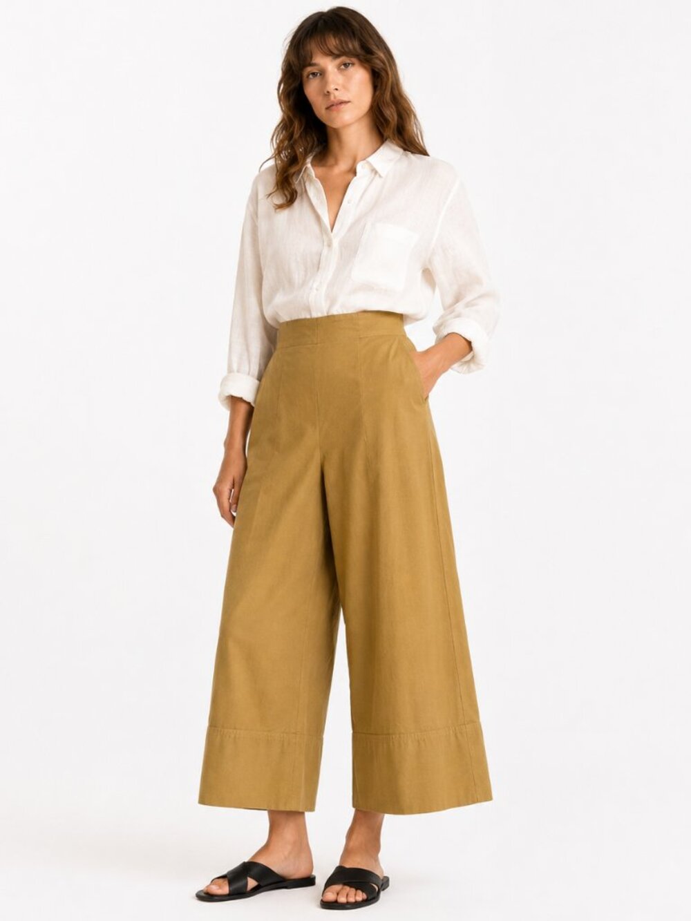 Caron Callahan Ellis Wide Leg Cropped Cotton Pants Caramel M